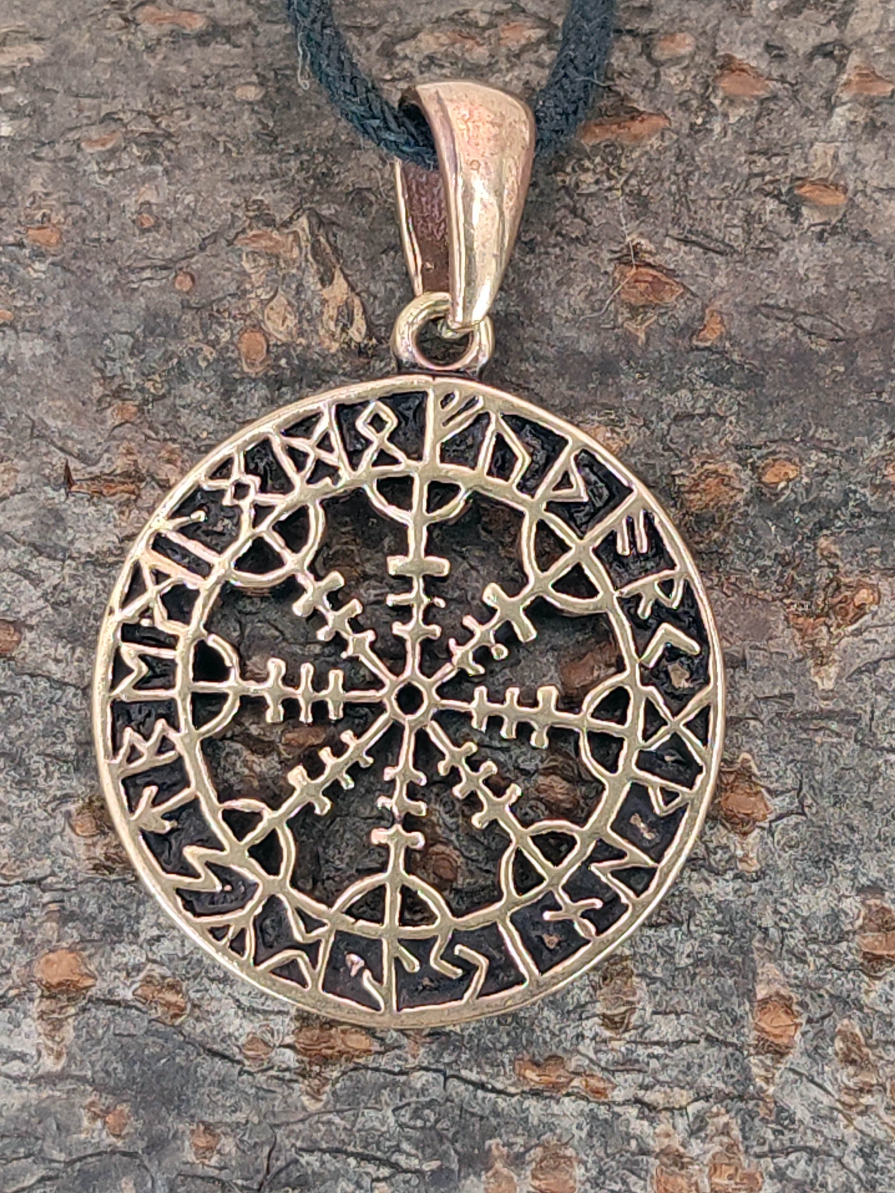 der Bronze Anhänger Kompass Vegvisir Kettenanhänger Ehrfurcht of Kiss Wegweiser Helm Wikinger Leather