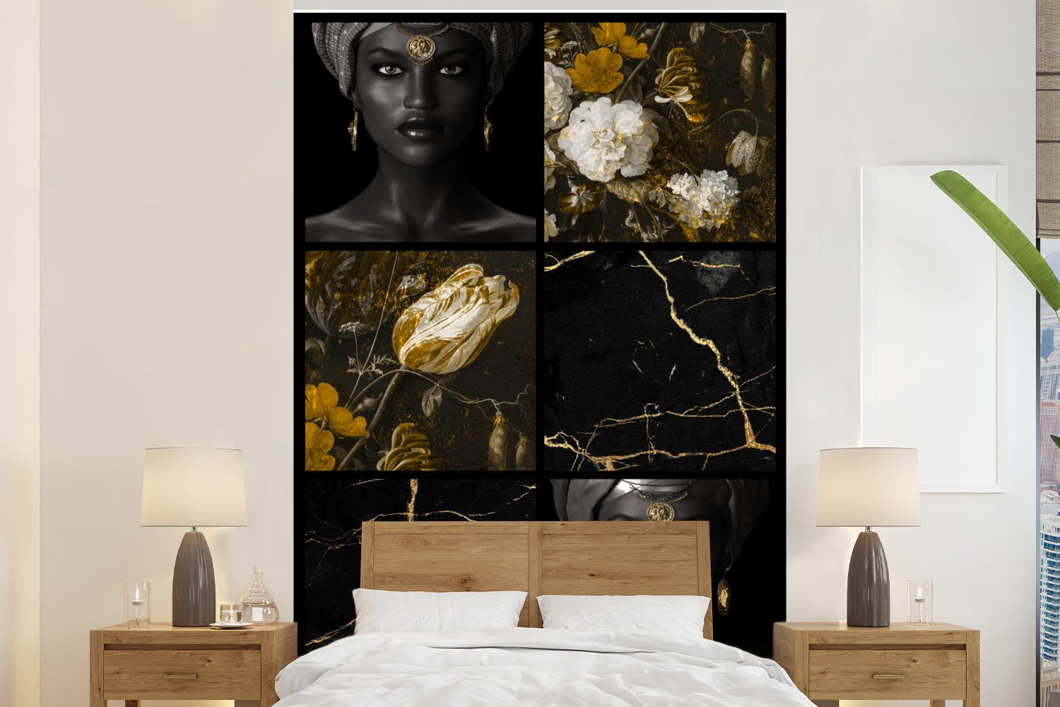 MuchoWow Fototapete Blumen - Frauen - Marmor - Gold, Matt, bedruckt, (3 St), Montagefertig Vinyl Tapete für Wohnzimmer, Wandtapete
