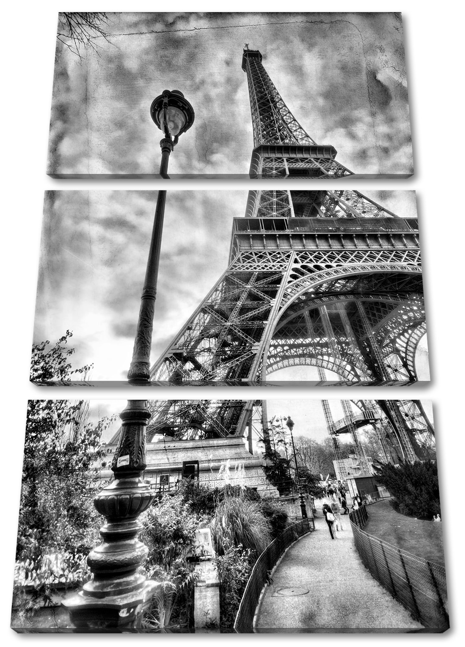 3Teiler Leinwandbild St), Pariser fertig (1 Pixxprint inkl. (120x80cm) Retro, Pariser Eifelturm Zackenaufhänger Leinwandbild Retro Eifelturm bespannt,