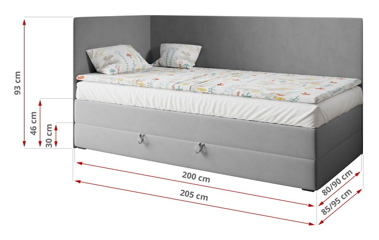 MKS MÖBEL Polsterbetten Matratze 90x200, Kinderbett - 3, mit Boxspringbett Grau Kinderzimmer für KUBUS
