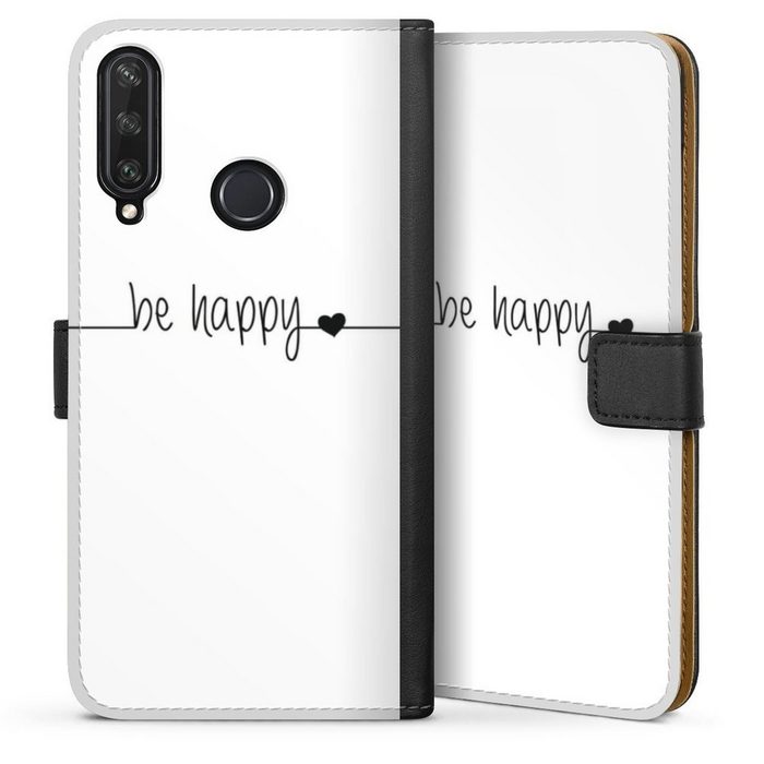 DeinDesign Handyhülle Statement Sprüche Glück Be Happy weisser Hintergrund Huawei Y6p Hülle Handy Flip Case Wallet Cover Handytasche Leder