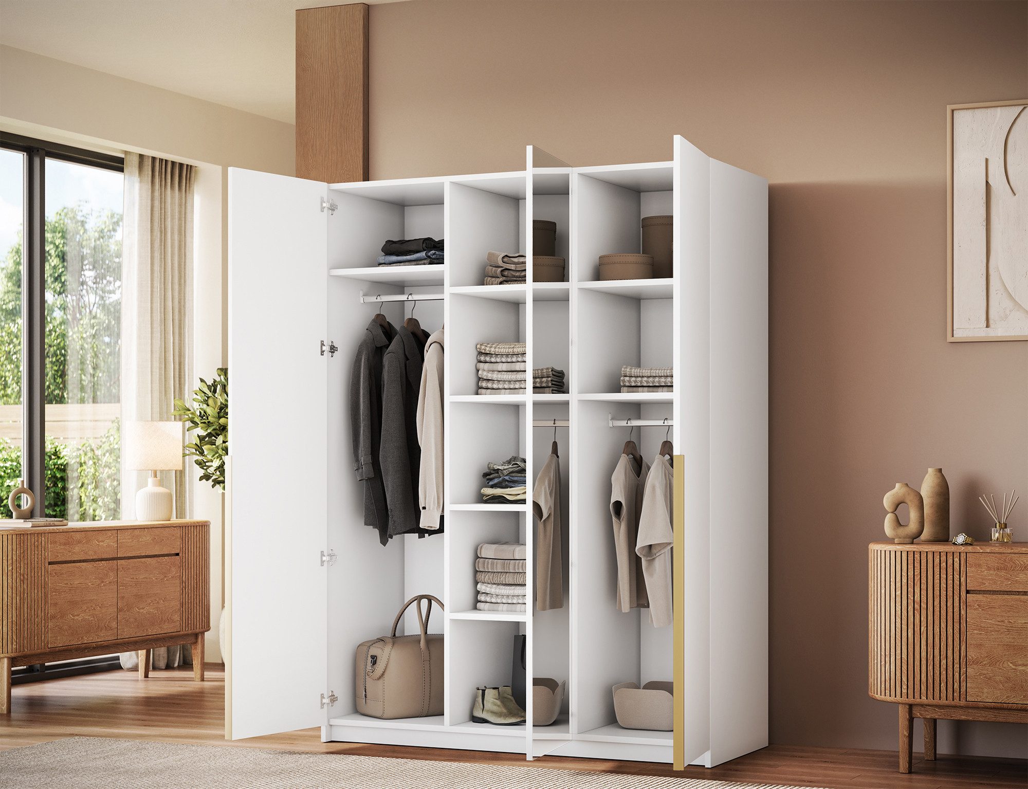 MOEBLO Drehtürenschrank Lunaro III (Kleiderschrank, 3-türig, mit Spiegel, 8 Einlegeböden und Kleiderstange, optional mit Aufsatzschrank) (BxHxT): 148 x 204/250  – Bild 3 von 5
