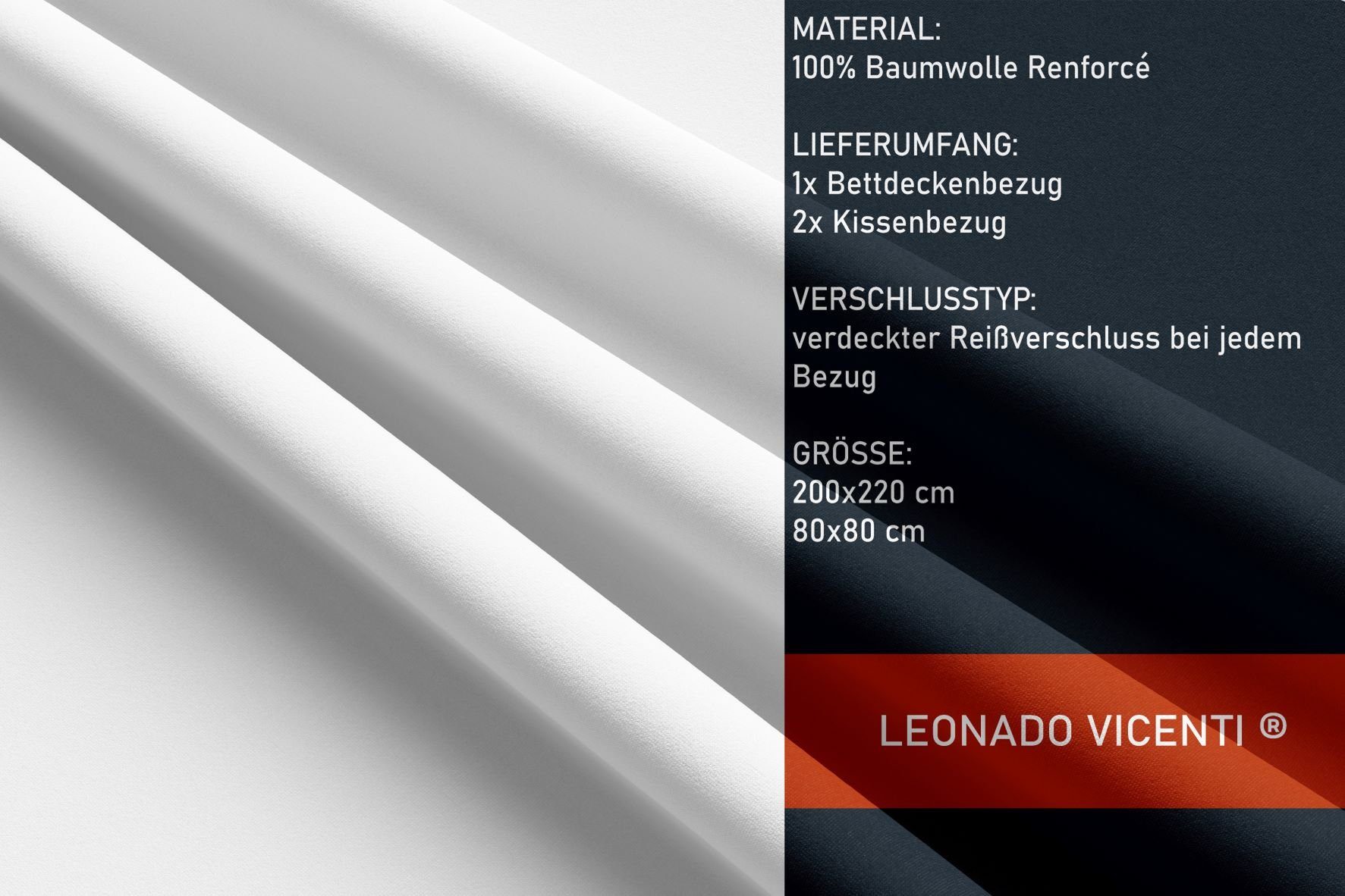 Leonado Vicenti Bettwäsche Baumwolle 135x200, 155x200, 155x220, 200x200, 200x220 oder 240x220, Renforcé, 3 teilig, Einfarbig mit Reißverschluss – Bild 4 von 5