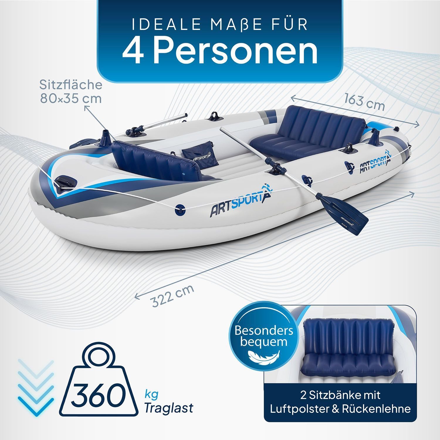 ArtSport Schlauchboot, bis 4 Personen - inkl. Luftpumpe, Paddel und mehr