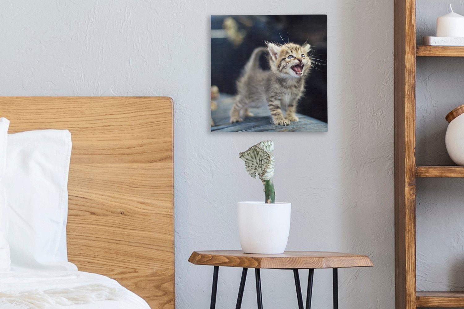 OneMillionCanvasses® Leinwandbild Ein einsames (1 Bilder St), Leinwand Kätzchen Schlafzimmer schreit Futter, nach für Wohnzimmer