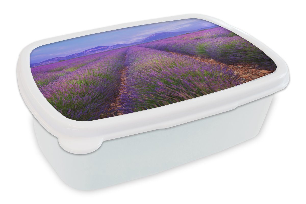 MuchoWow Lunchbox Reihen von Lavendel vor Bergen, Kunststoff, (2-tlg), Brotbox für Kinder und Erwachsene, Brotdose, für Jungs und Mädchen weiß