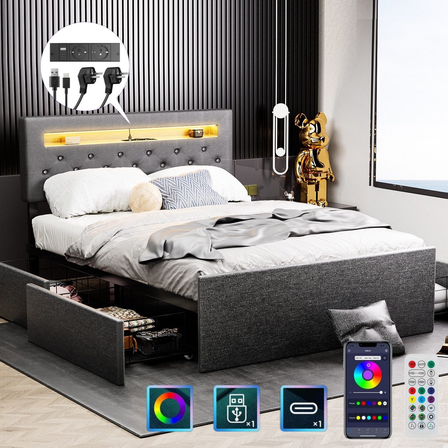 OULENBIYAR Polsterbett LED Doppelbett 140x200cm, Stauraumbett günstig online kaufen