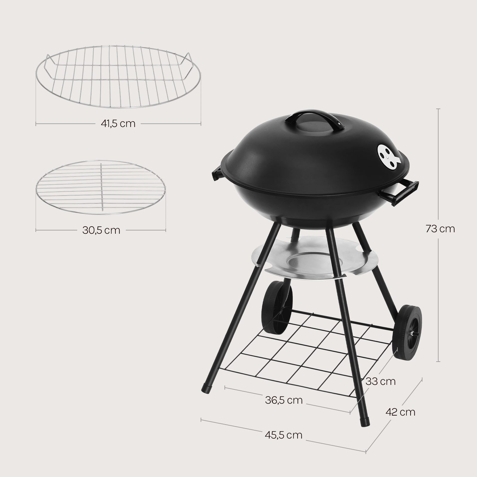 Woltu Holzkohlegrill, Holzkohle Barbecue Grill mit Räder für Garten Camping