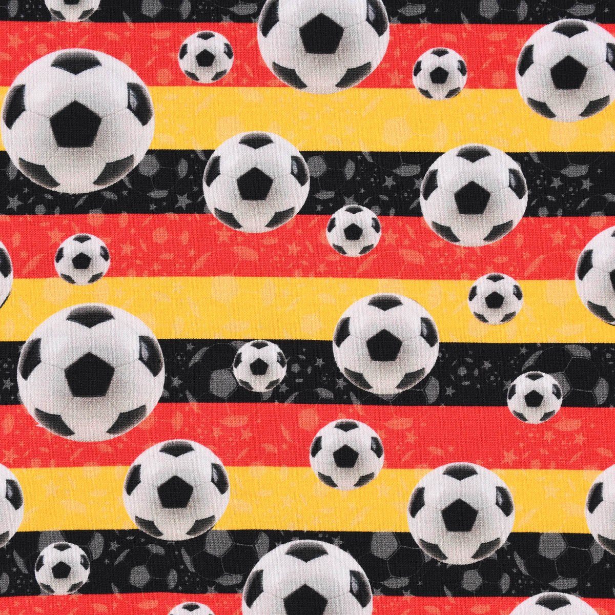 SCHÖNER LEBEN. Stoff Baumwolljersey Digitaldruck Fußball Streifen schwarz  rot gelb 1,45m, Digitaldruck