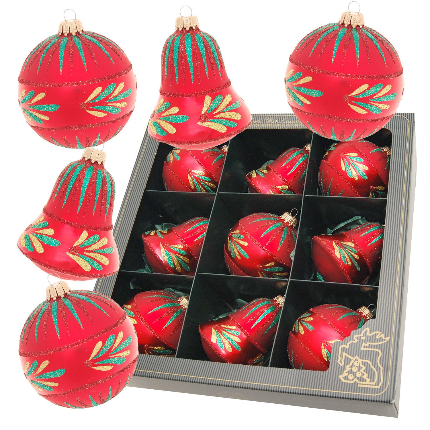 Krebs Glas Lauscha Weihnachtsbaumkugel 9er Set - Rot - Banderole mit Blättern - ca. 8cm, charmante Dekoration für den Weihnachtsbaum - aus Glas gefertigt