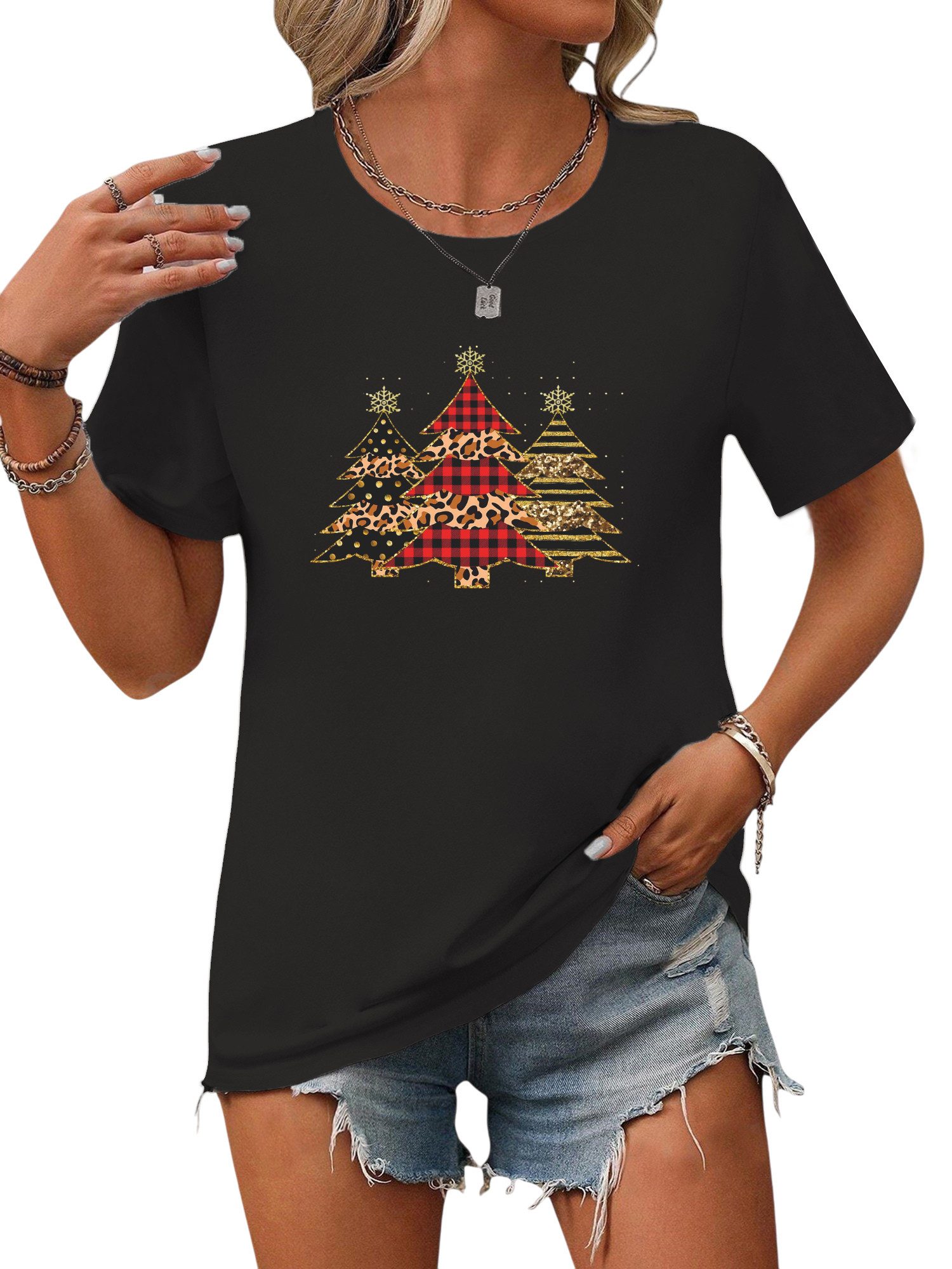 PYLIKE Rundhalsshirt Damen Bequemes Festlich Kurzarmbluse Weihnachtsbaum Pr günstig online kaufen
