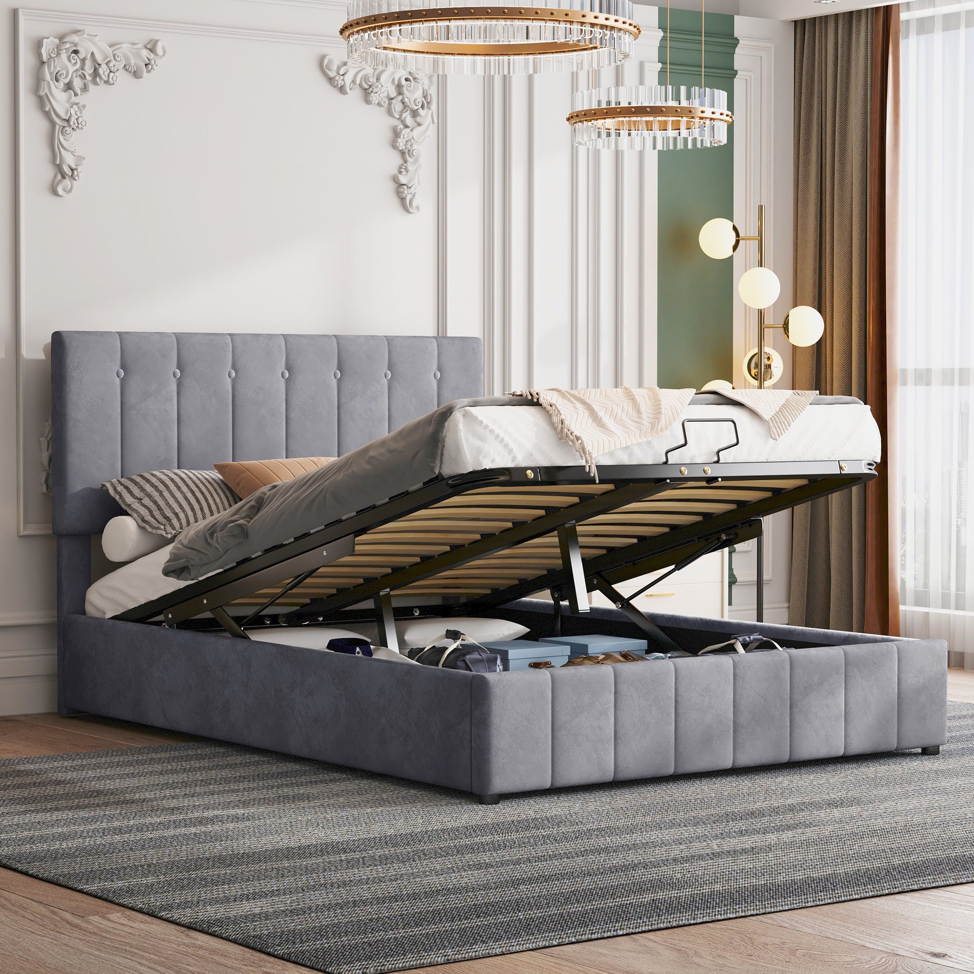 SOFTWEARY Polsterbett (Doppelbett mit Lattenrost und Bettkasten, 140x200 cm), Kopfteil höhenverstellbar, Samt grau