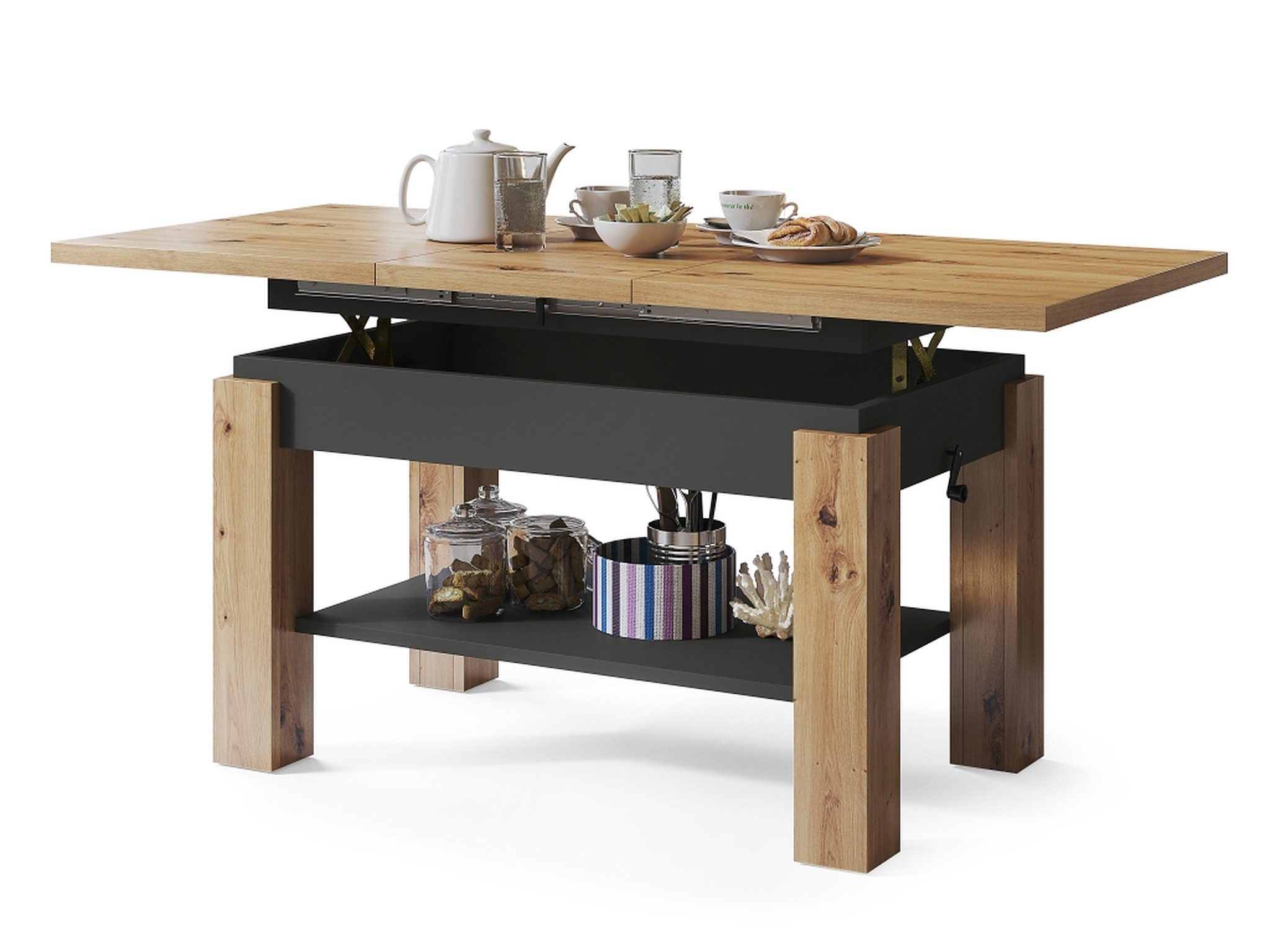 designimpex Couchtisch Couchtisch Astoria Eiche Artisan Anthrazit höhenverstellbar ausziehbar, Funktionstisch, Wohnzimmertisch, Tisch, Esstisch, Sofatisch