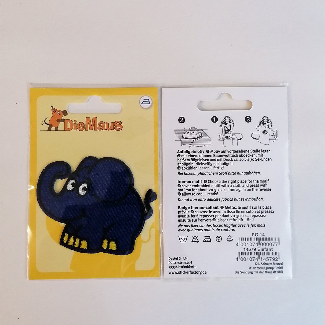 Die Sendung mit der Maus Aufnäher Bügelbild, Aufbügler, Applikationen, Patches, Flicken, zum aufbügeln, Polyester, Elefant Sendung mit der Maus Kinder - Größe: 7,5 x 5,8 cm