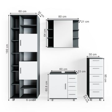 Vicco Badmöbel-Set Badezimmerset ILIAS Anthrazit / Weiß Set 4, (Badezimmerset, 4-St., 4-er Set)