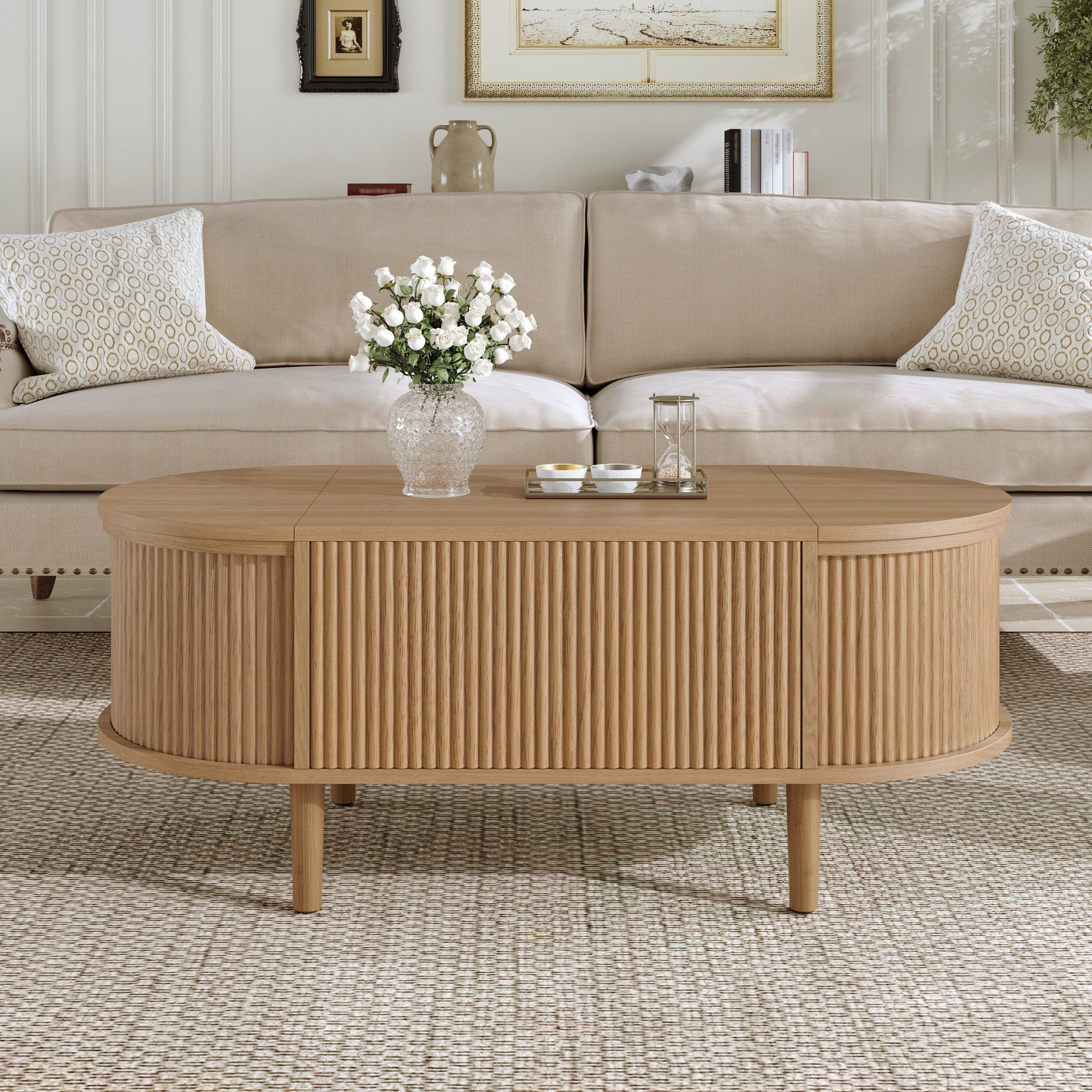 Merax Couchtisch verstellbarer Beistelltisch Ovaler Wohnzimmertisch im Vintage-Stil (100 × 48 × 53,5 cm, 1-St), Sofatisch mit höhenverstellbarer Tischplatte & versteckten Stauräumen