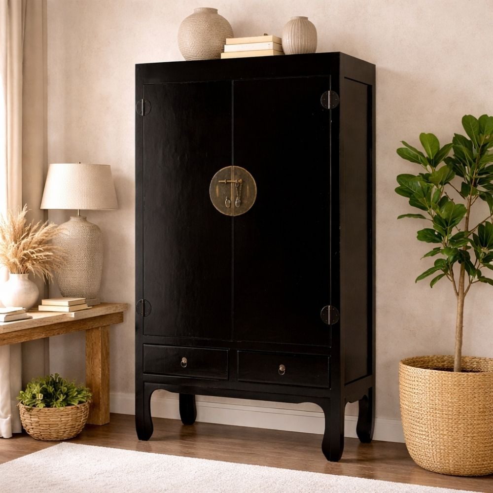 LebensWohnArt Mehrzweckschrank Hochzeitsschrank ASIA Schwarz Shabby Chic ca. H175cm