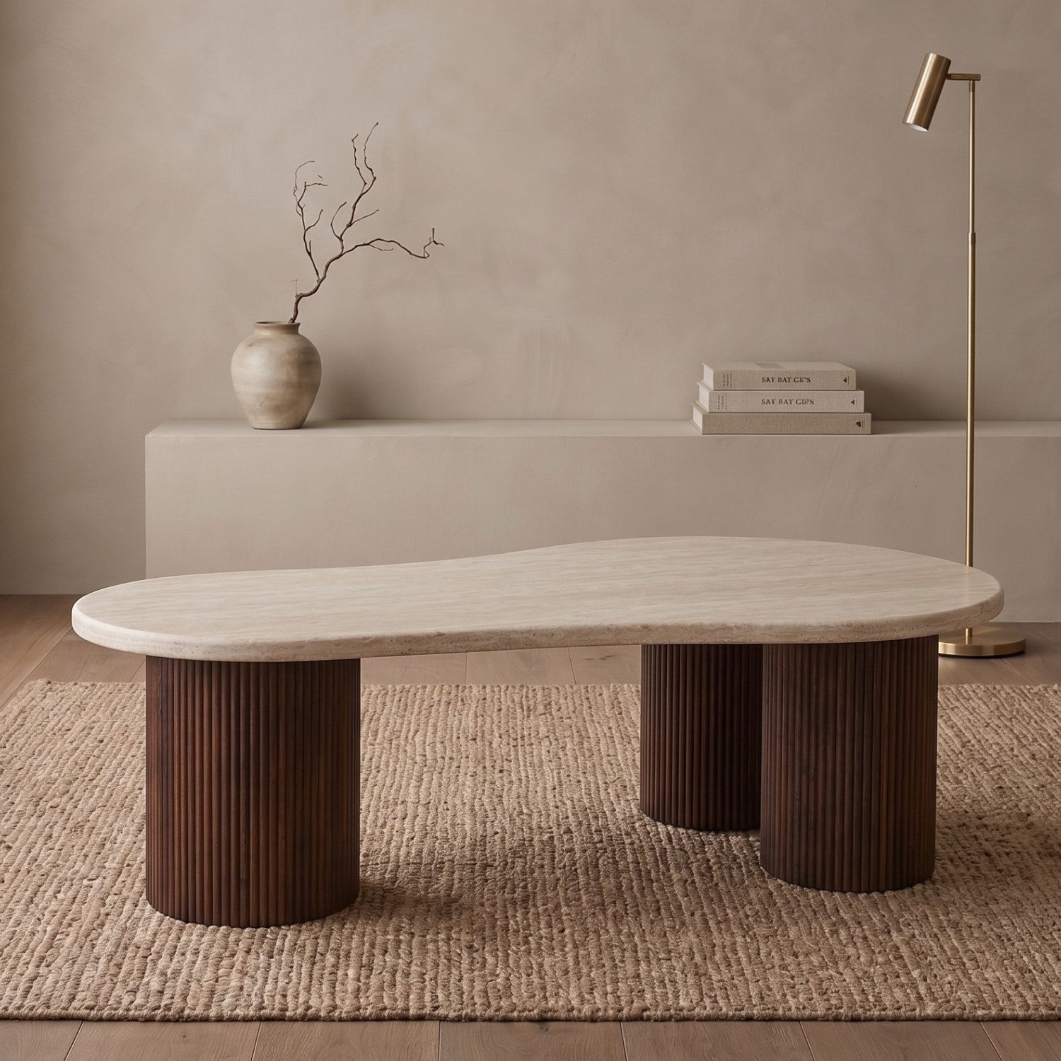 alesvelt Couchtisch Lucano mit Travertin-Design TIschplatte Tischbeine im edlen Säulenstil (1-Tisch), 140 x 80 x 45 cm