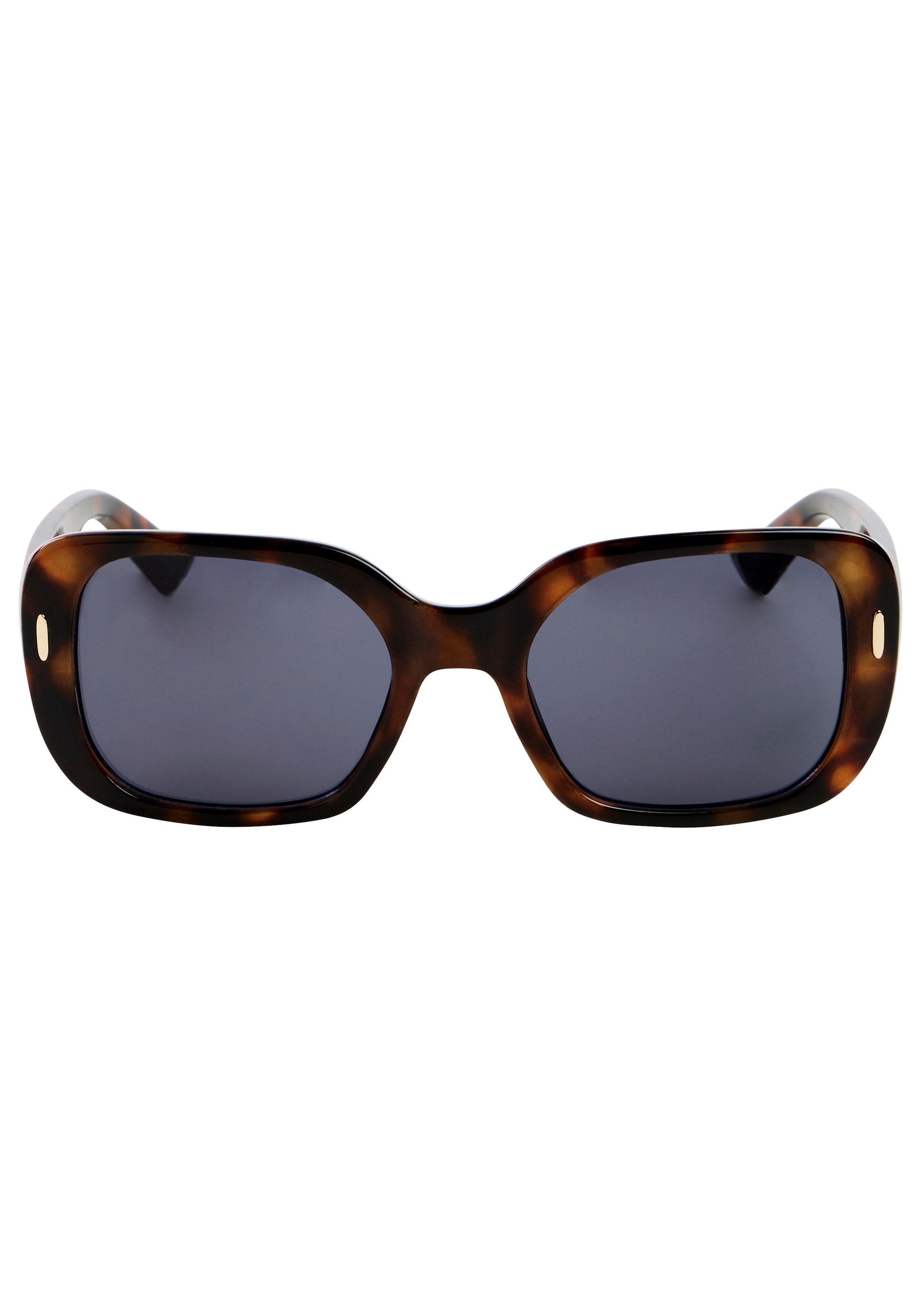 Laura Scott Sonnenbrille mit goldfarbenen Metalldetail am Bügelansatz braun gemusterter Vollrandrahmen, graue Gläser mit hohem Blendschutz