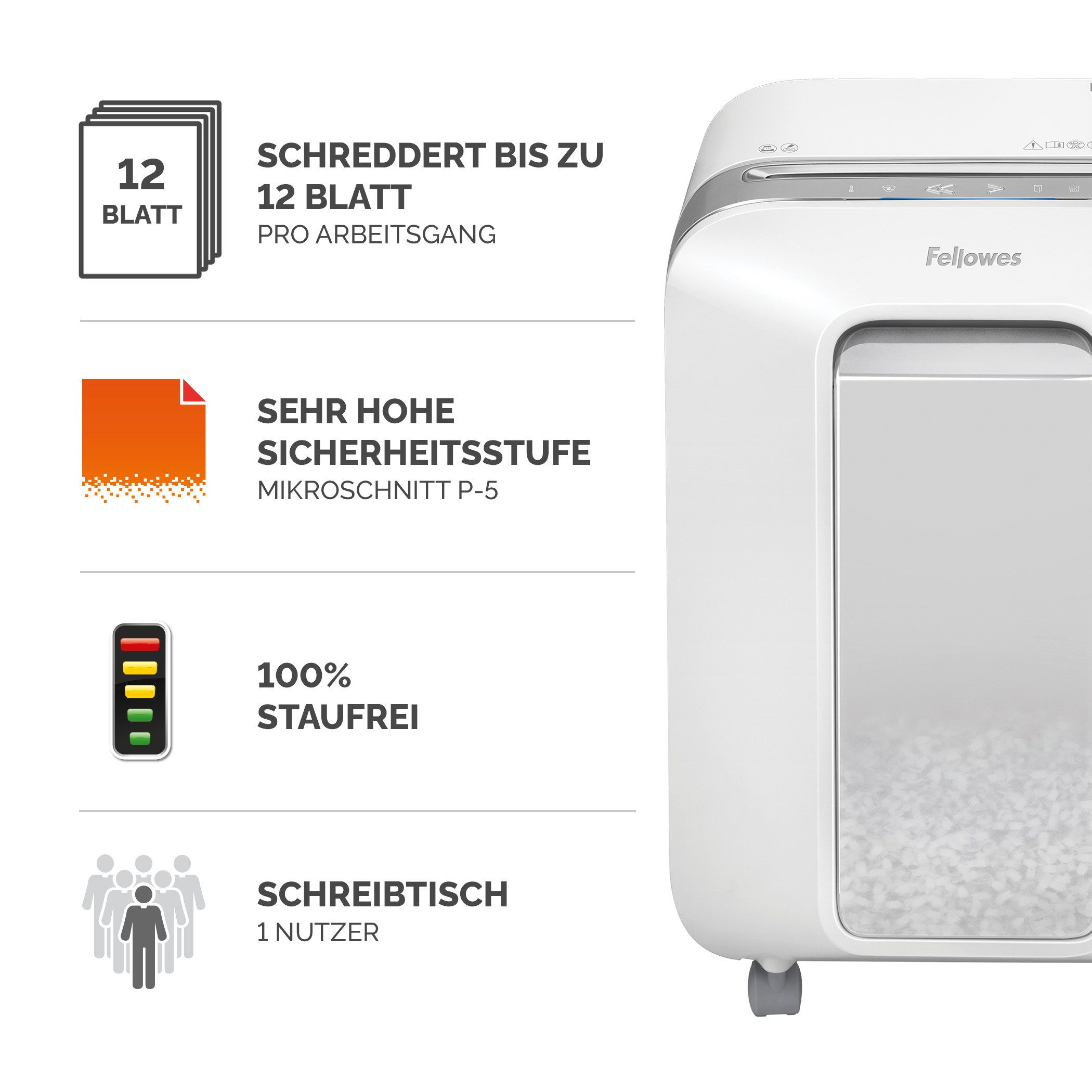 FELLOWES Aktenvernichter Fellowes Aktenvernichter LX201 Mikroschnitt 2x12mm P5 Weiß Rollen, SafeSense, IntelliBar, Schlaf Modus, Mikroschnitt P-5, 22L, Rollen
