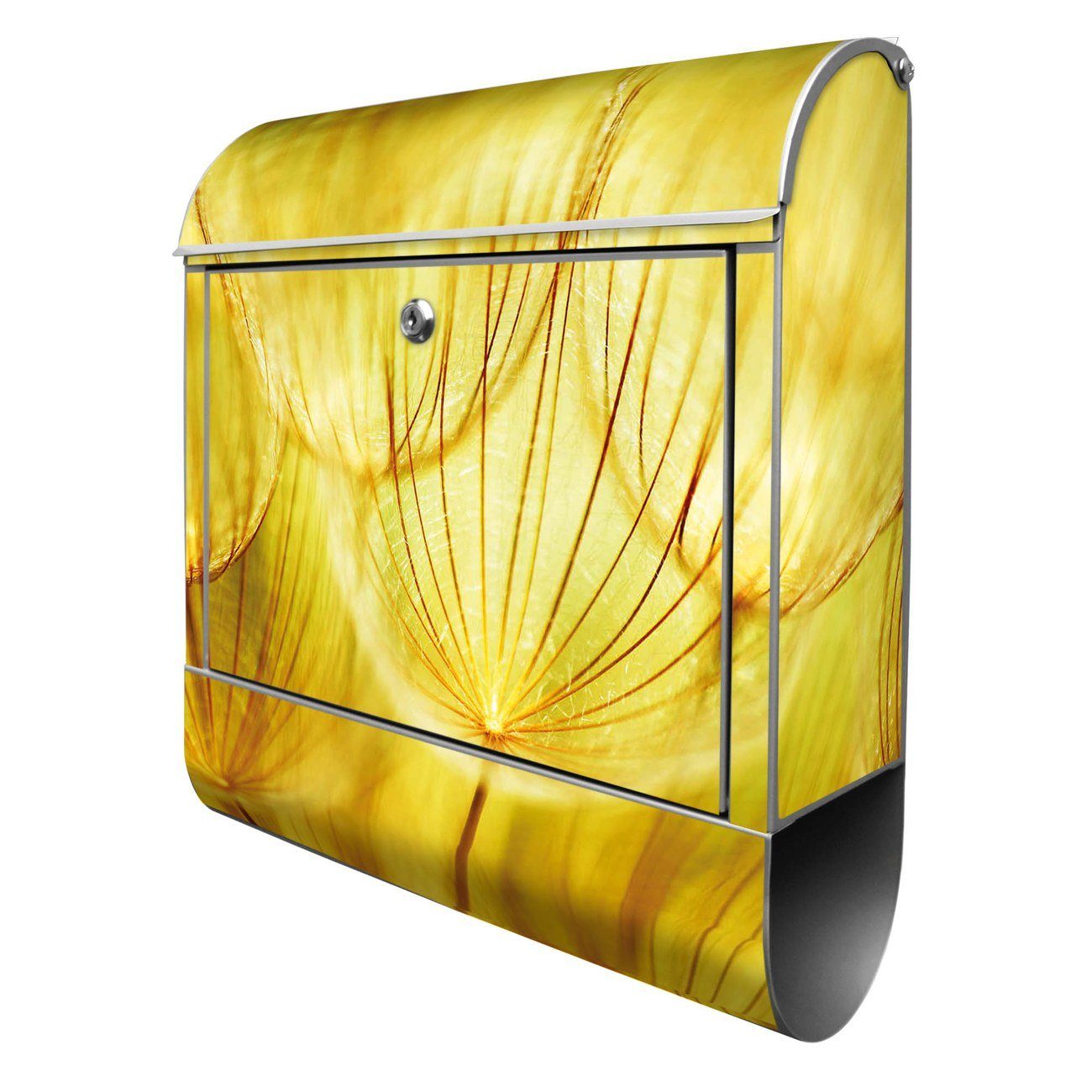 banjado Wandbriefkasten Stahl Pusteblumen Gold (Wandbriefkasten witterungsbeständig, pulverbeschichtet, mit Zeitungsfach), 39 x 47 x 14cm silberfarben