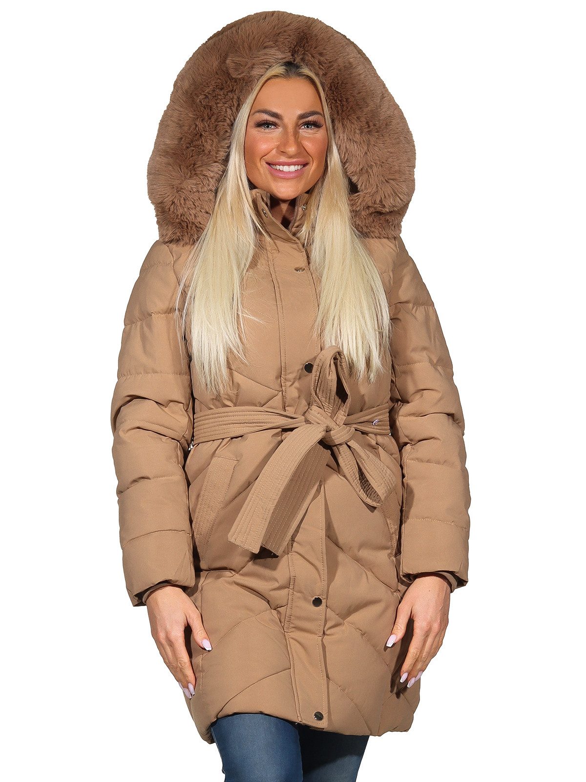 Aurela Damenmode Kurzmantel Steppmantel Damen Mantel diagonal gesteppt mit Bindegürtel mit abnehmbarer Kapuze, und weichem Teddyfutter – Bild 4 von 5