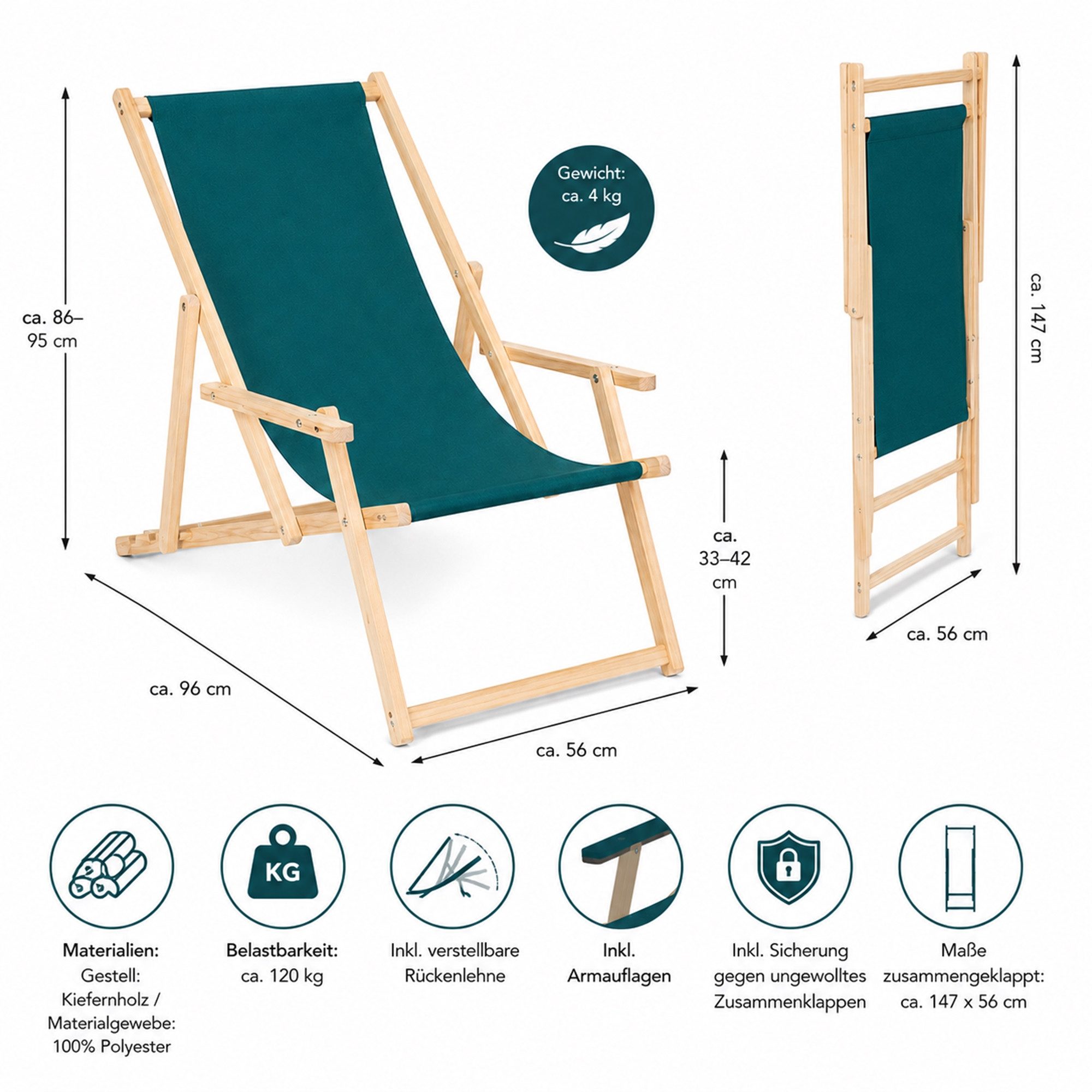 Mucola Gartenstuhl Strandliege Liegestuhl Gartenliege Sonnenliege Strandstuhl Balkonliege (Stück), Inkl. Sicherung gegen ungewolltes Zusammenklappen