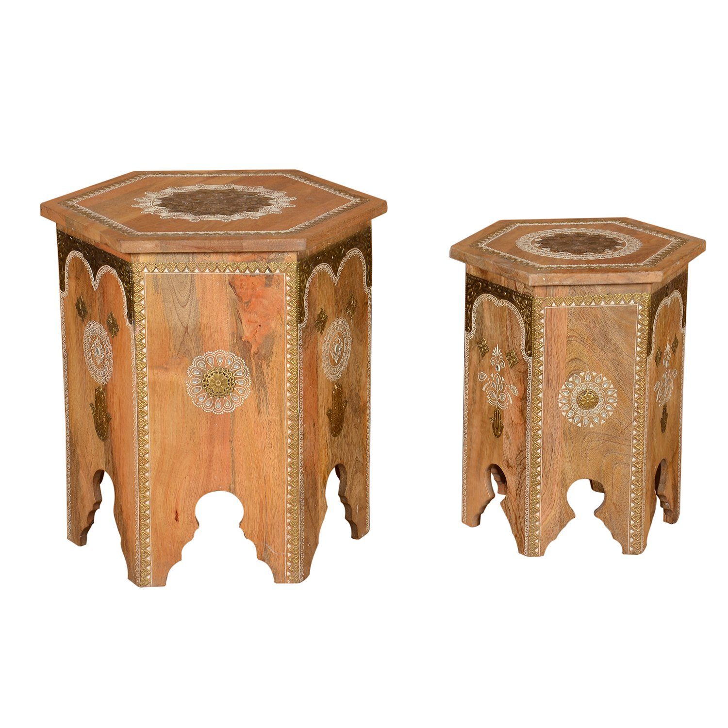 Casa Moro Beistelltisch Orientalische Beistelltische Salman aus Massivholz handverziert (Handgefertigt, 2-St., 2 er Set), Marokkanische Couchtische Teetische im Vintage Landhaus-Stil RK38-10