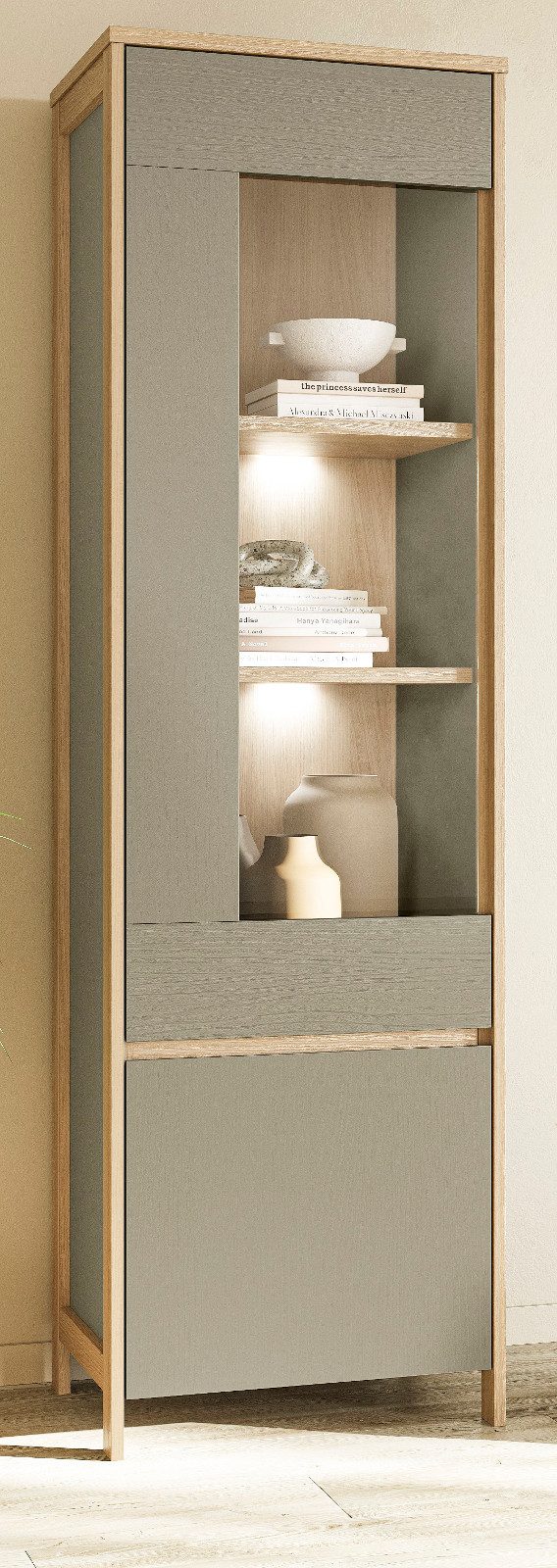 Furn.Design Stauraumvitrine Finnes (Vitrinenschrank in Salbei und Eiche, 58 x 195 cm) wechselbarer Türanschlag und Soft-Close-Funktion