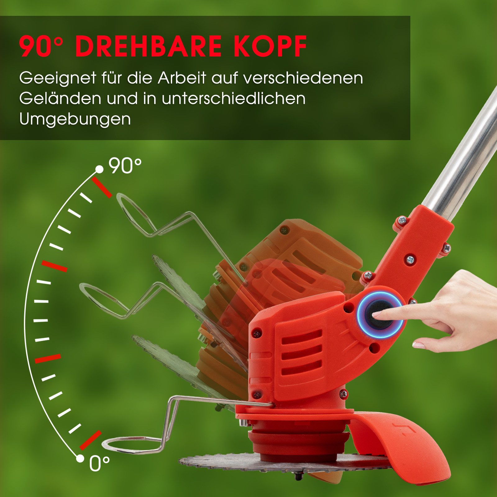 OUTIGO Akku-Rasentrimmer Rasentrimmer mit Akku, lektrischer Rasentrimmer mit 4 Messertypen, Zwei 21-V-Batterien, vier Messer, dreifach klappbarer Rasenmäher.