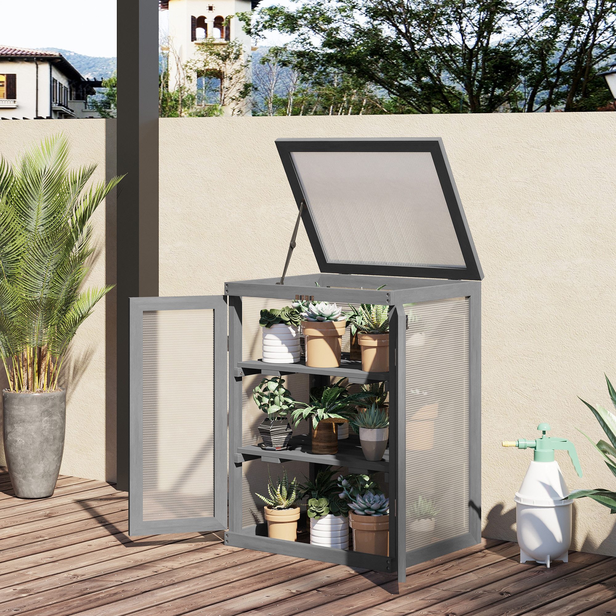 Outsunny Hochbeet 3 Stufen Gewächshaus mit zwei Türen aus Holz und Polycarbonat (Pflanzenbeet, 1 St., Treibhaus), Dunkelgrau 58 x 44 x 78 cm