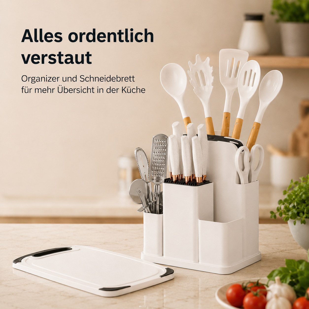 Diyarts Kochbesteck-Set (für beschichtete Pfannen, inklusive Kochmesser, Komplettset mit 20 Küchenhelfern für vielseitiges Kochen), Schonende Silikon-Küchenhelfer mit Holzgriffen & Messer im Set