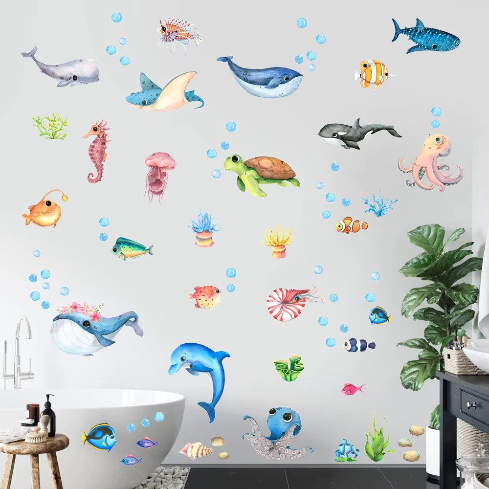 Montegoni Wandtattoo Wandtattoo Unterwasserwelt Oktopus Meeresschildkröte Fische (4 St) (21x30cmX4PCS Marine Life Wandaufkleber für Kinderzimmer), Kinder Wandst – Bild 4 von 5