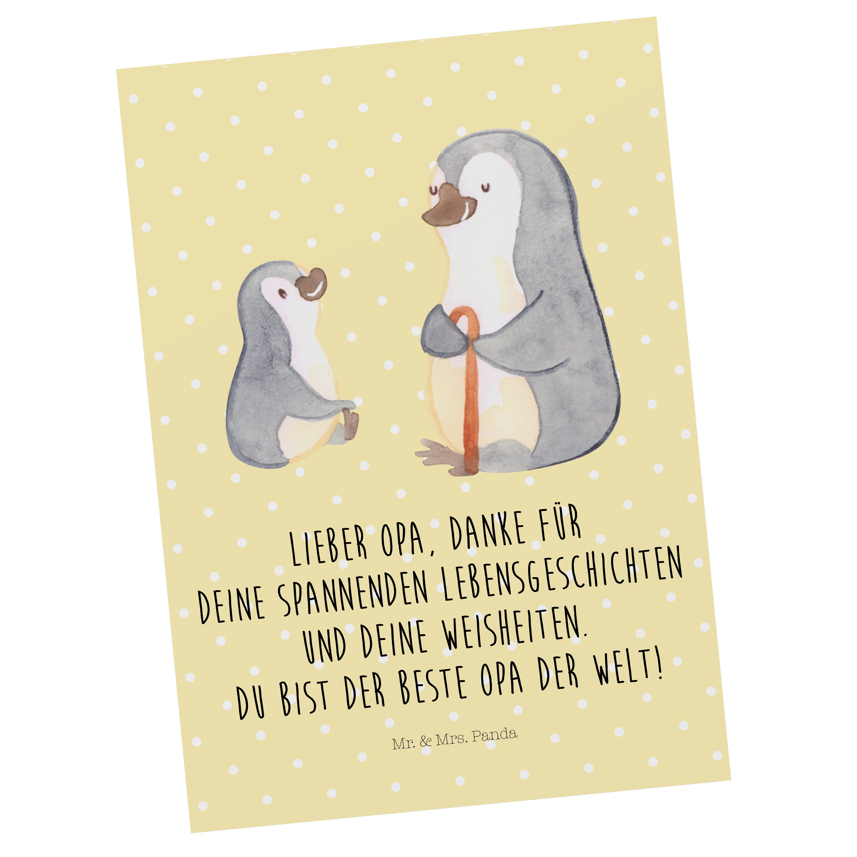 Mr. & Mrs. Panda Postkarte Pinguin Opa Enkel - Gelb Pastell - Geschenk, Großvater, Geschenk für