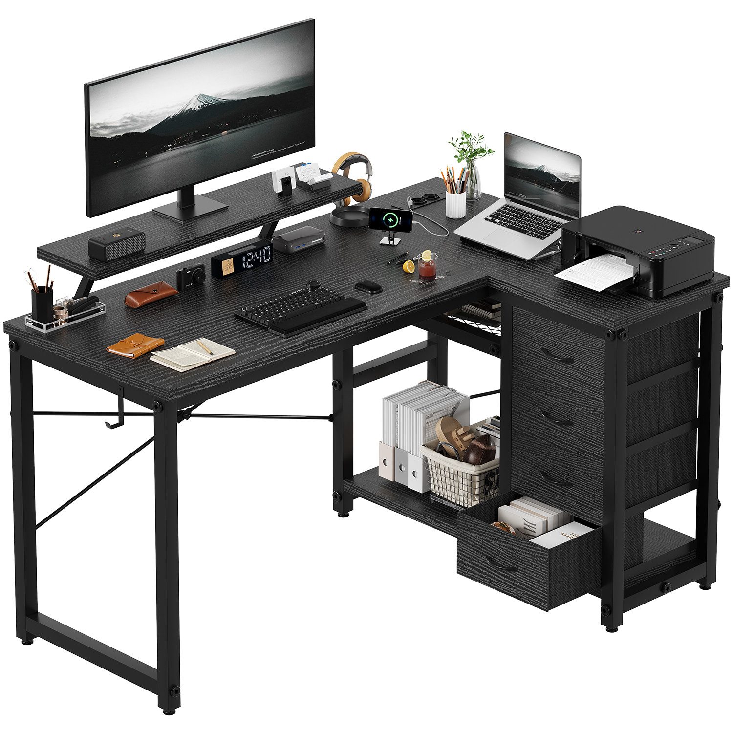 HOMALL Eckschreibtisch 140/160 cm Schreibtisch mit Schubladen, Monitorhalterung, Gaming-Tisch (Verfugt ber vier Schubladen, eine Haupteinheit-Halterung verstellbare FuBe mit rutschfesten Polstern und ist beidseitig montierbar,ostern geschenke)