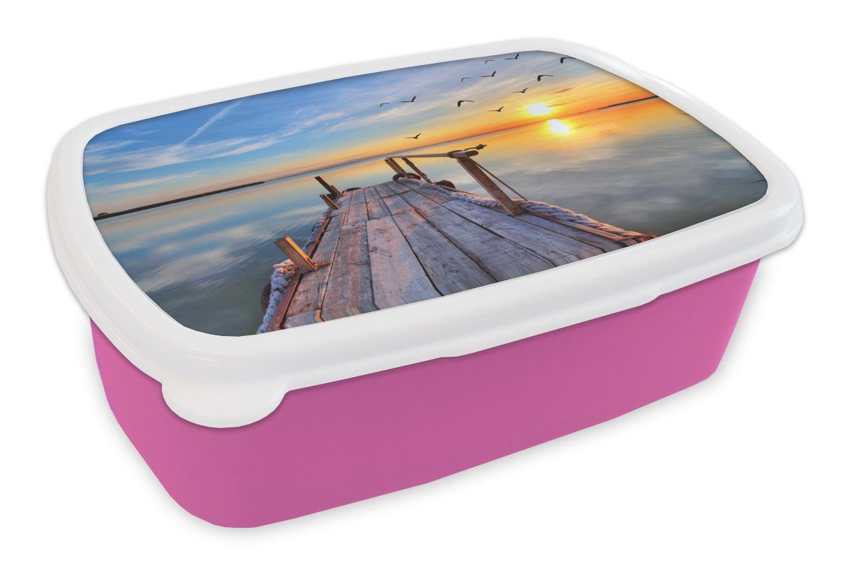 MuchoWow Lunchbox Wasser - Steg - Vögel - Sonnenuntergang - Horizont, Kunststoff, (2-tlg), Brotbox für Erwachsene, Brotdose Kinder, Snackbox, Mädchen, Kunststoff rosa