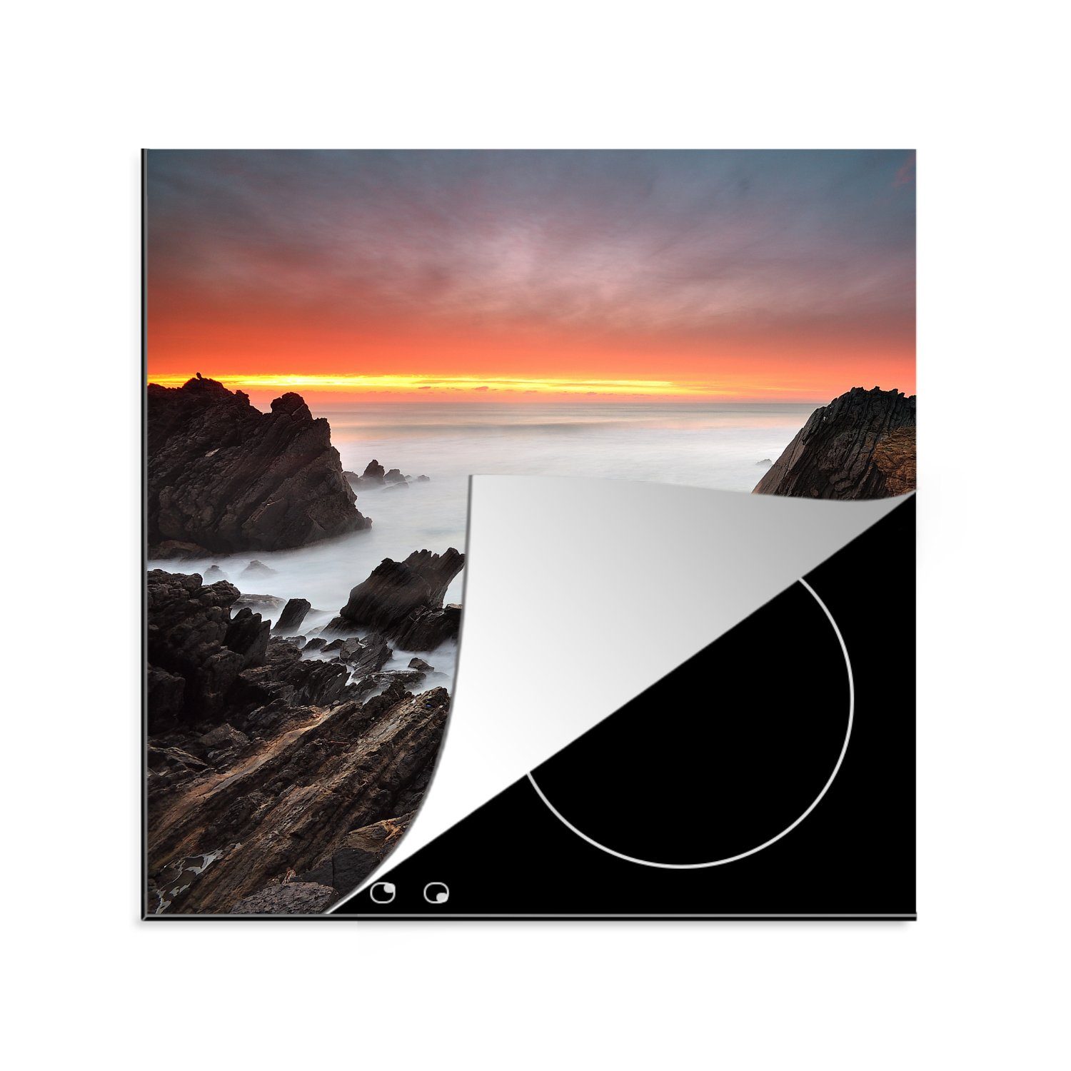 MuchoWow Herdblende-/Abdeckplatte Sonnenaufgang am Strand im Naturpark Sintra-Cascais in Portugal, Vinyl, (1 tlg), 78x78 cm, Ceranfeldabdeckung, Arbeitsplatte für küche