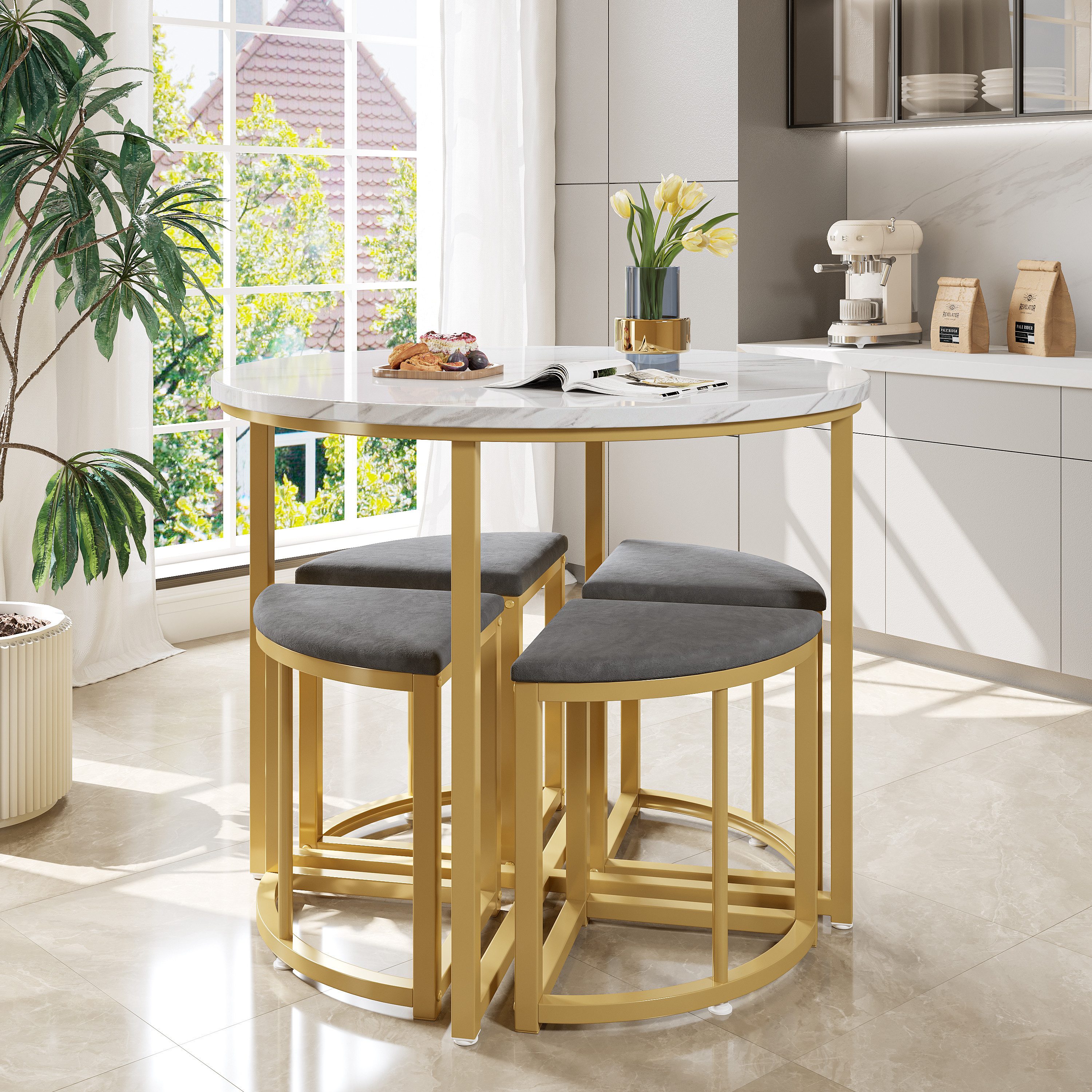 OKWISH Essgruppe Esszimmertisch-Set, (mit Esstisch, 4 kleinen Hockers, 5-tlg), Stühle mit Polstern