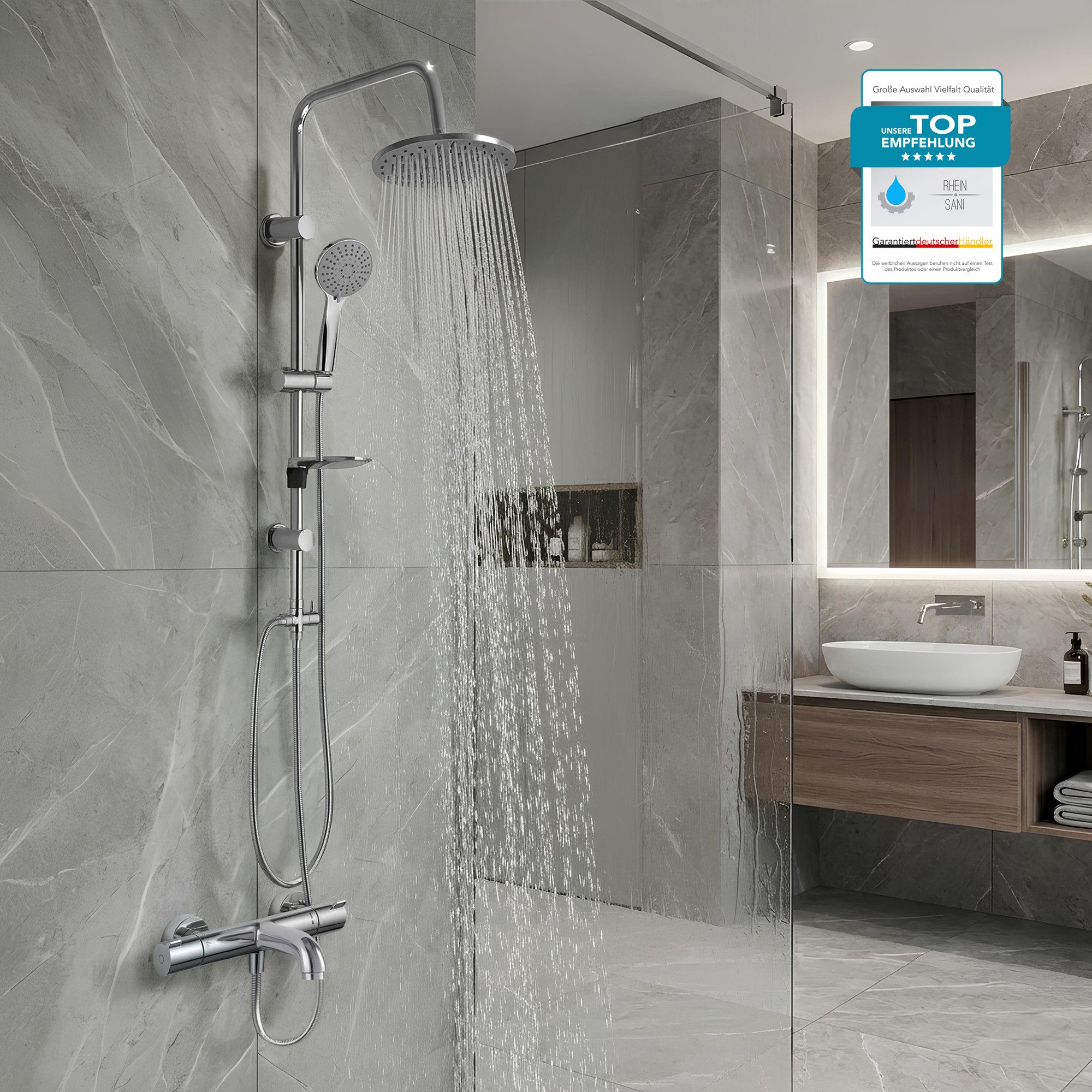 hansgrohe Wannenarmatur Ecostat 1001 CL mit Handbrause oder Regendusche, Sicherheitssperre 40° (Spar-Set) Wannenthermostat mit Eco-Funktion in Modern-Design, Wandmontage, chrom