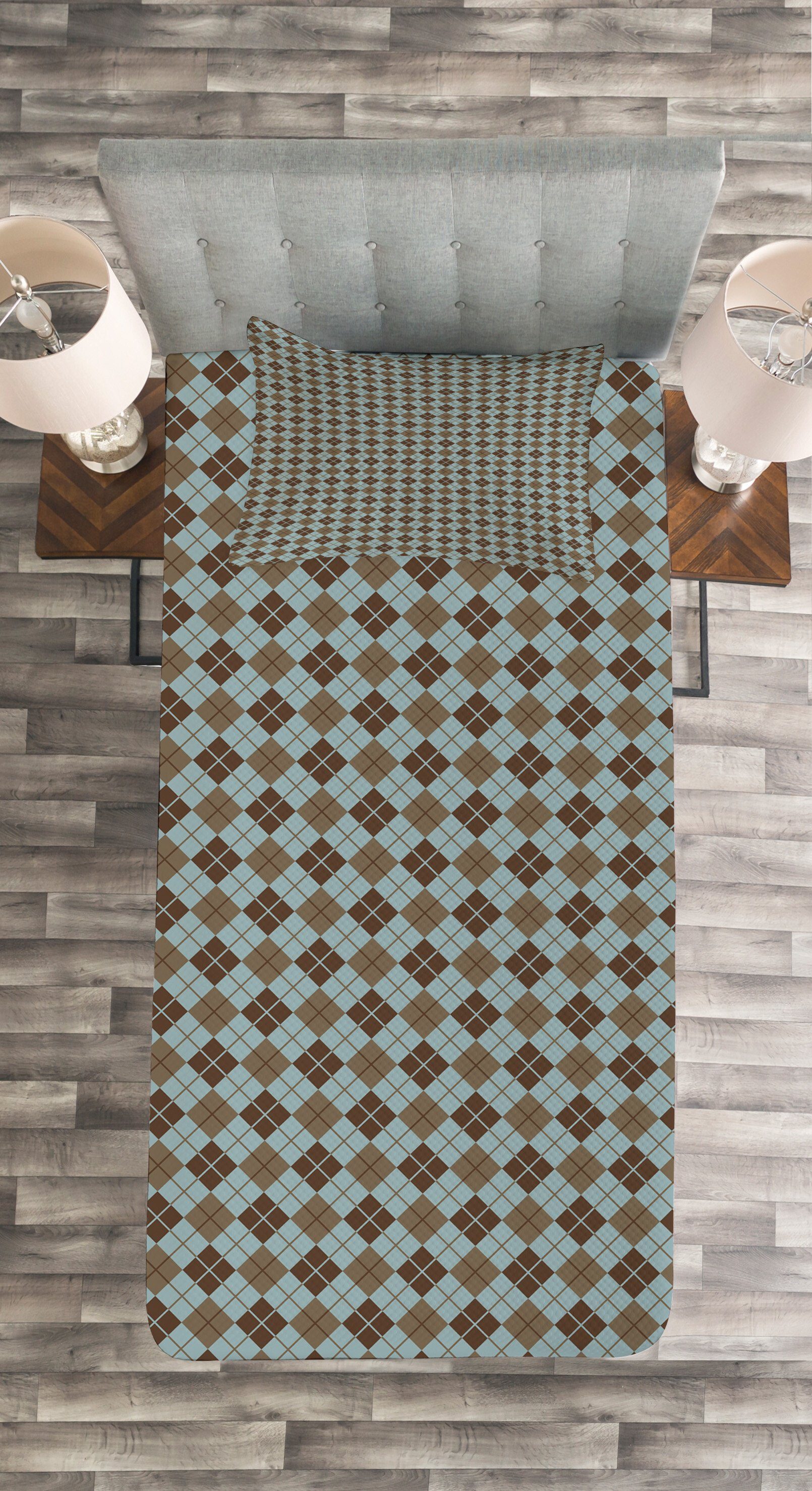 und Set Tagesdecke mit Abakuhaus, Brown Argyle-Muster Blau Kissenbezügen Waschbar,