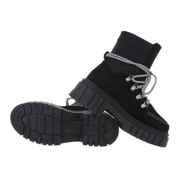 Ital-Design Damen Worker Boots Freizeit Schnürstiefelette Blockabsatz Plateaustiefeletten in Schwarz