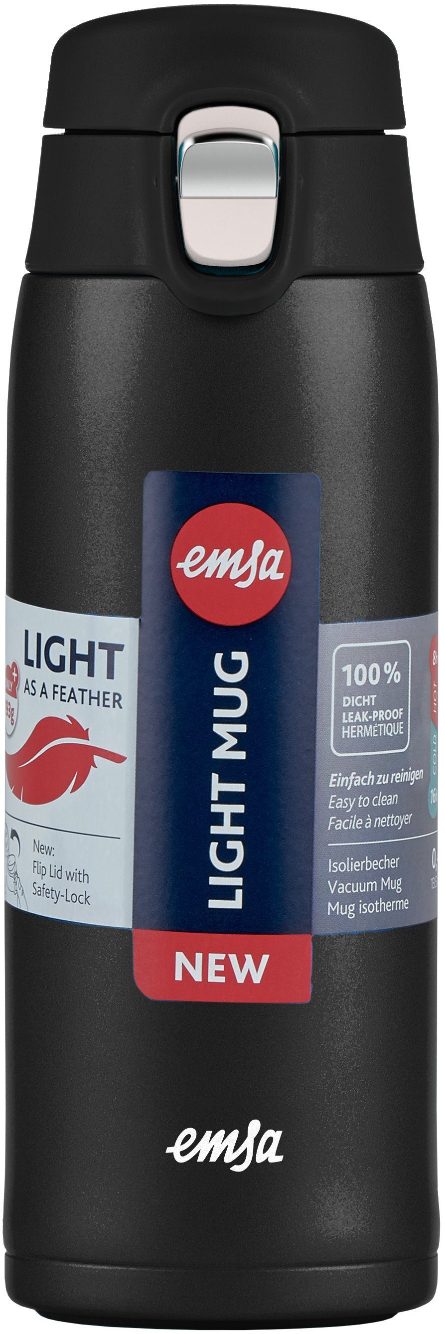 Emsa Thermobecher Travel Mug, Edelstahl, Kunststoff, 0,4L, leicht, Edelstahl, Klappverschluss, 100% dicht, 8h heiß/16h kalt