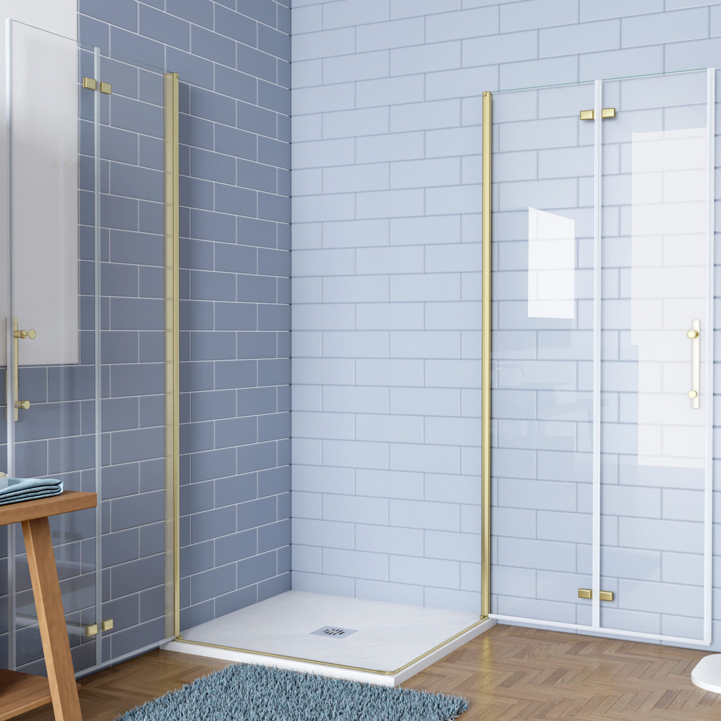 AICA Eckdusche H:195cm Scharniertür Drehtür Falttür Duschabtrennung Duschkabine Gold, BxT: 90x95 cm, ebenerdiger Einbau möglich,mit Drehtür,klare Optik – Bild 3 von 5