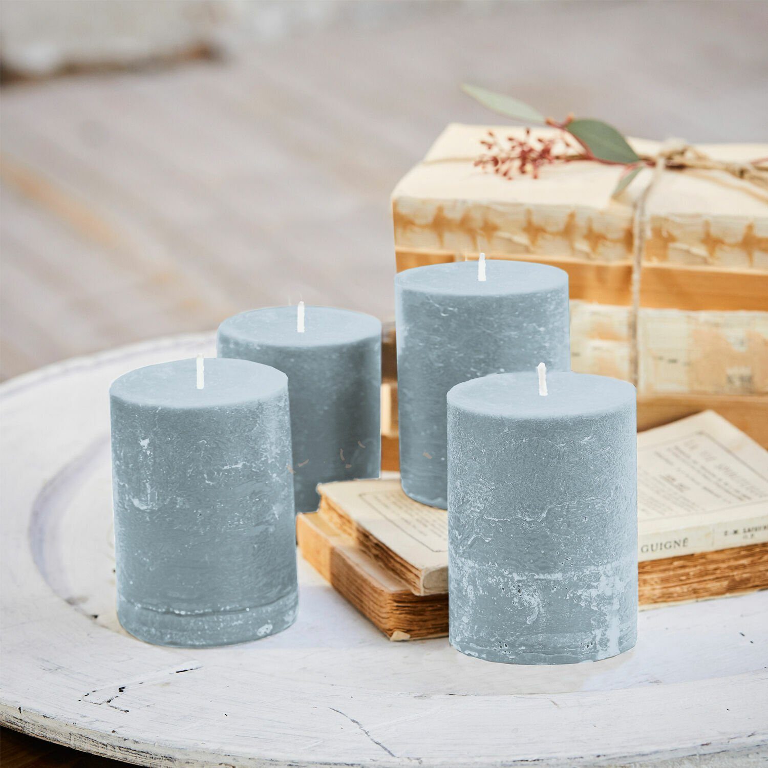 Mirabeau Stumpenkerze Kerze 4er Set Virrans graublau (4er Set, 4er Set), none