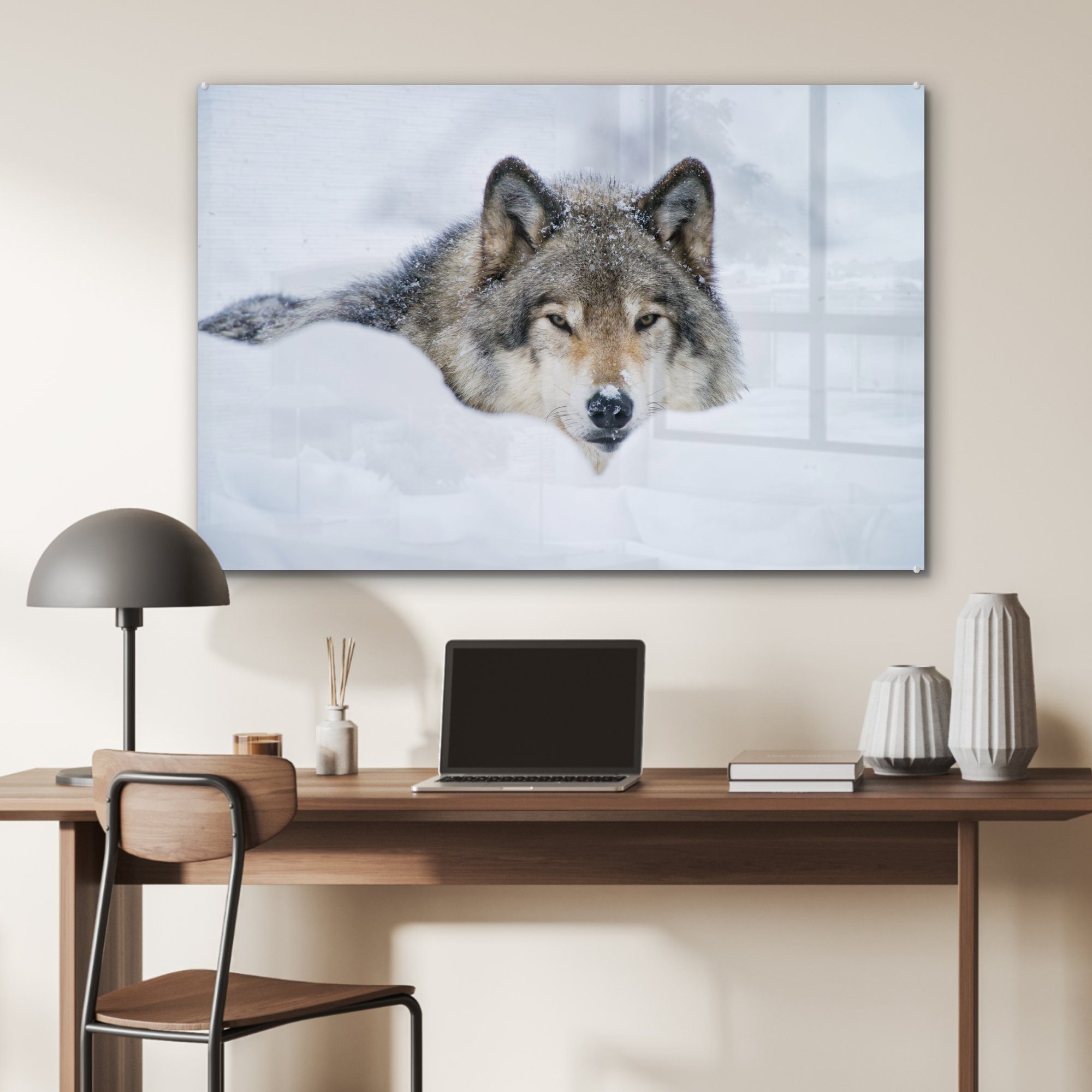 (1 Mantel, & Acrylglasbild Schnee Wohnzimmer St), MuchoWow Schlafzimmer Acrylglasbilder - Wolf -