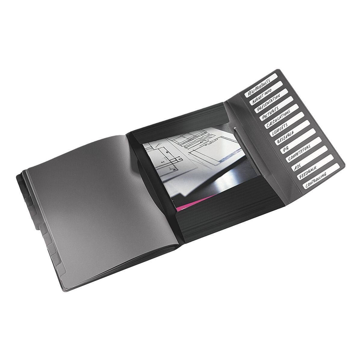 LEITZ Organisationsmappe Solid 4570, Ordnungsmappe mit 12 Fächern, Inhaltverzeichnis, 3 Schutzklappen, A4