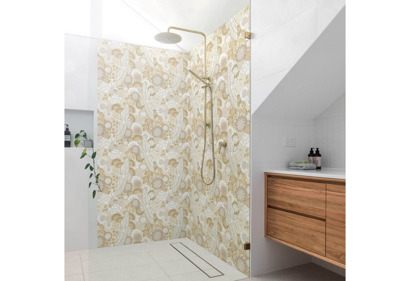 Thumbnail - Bilderdepot24 Badrückwand Blumen beige Duschrückwand ohne Bohren Dusche Muster Tiere, (2-tlg., Hart-Folie Premium matt 0...