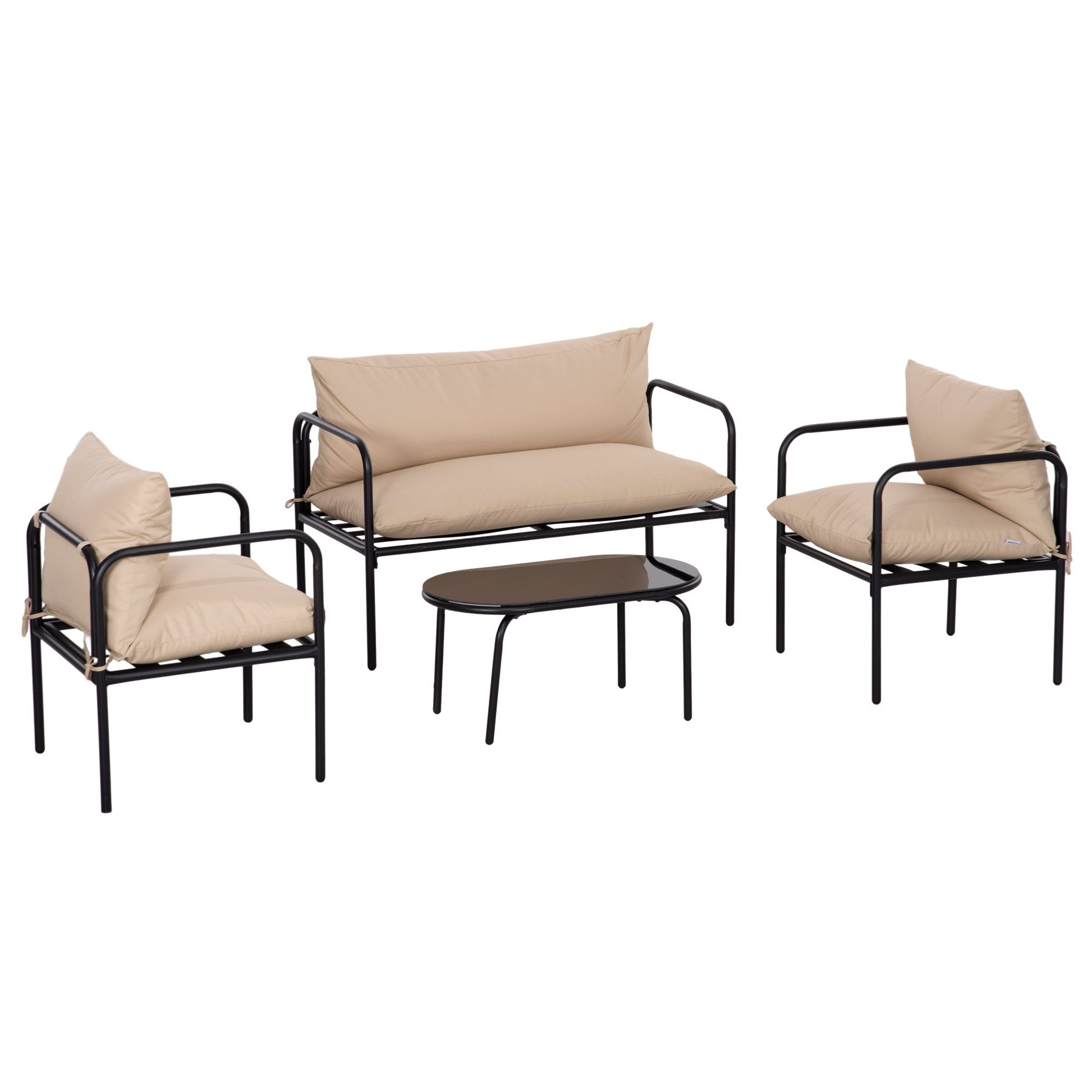 Outsunny Sitzgruppe Gartenmöbel-Set mit 2 Sesseln, Couchtisch aus Hartglas, Zweisitzer, (Gartengarnitur, 4-tlg., Sitzgarnitur), für Balkon, Terrasse, Stahl, Khaki