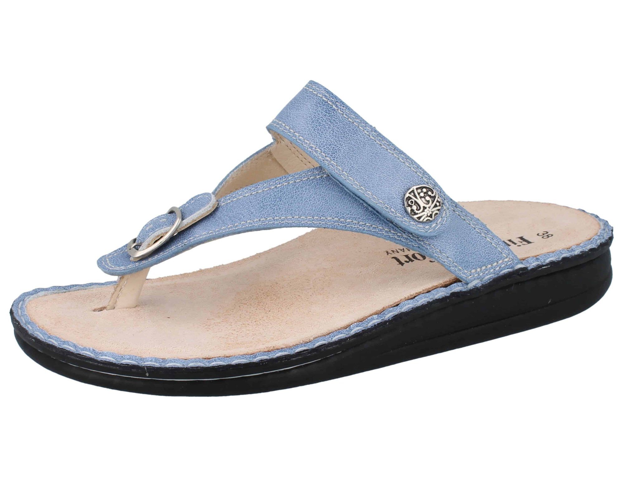 Finn Comfort Alexandria Soft blau Pantolette Zehensteg, gepolstertes Wechselfußbett | Pantoletten