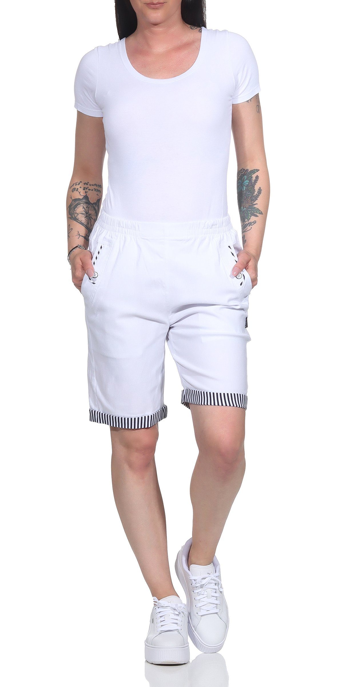auch Maritime Bund, mit Damen in Bermuda Strandbermuda großen mit Details Sommer erhältlich, Aurela Größen Weiß Shorts maritimen Shorts elastischem Damenmode